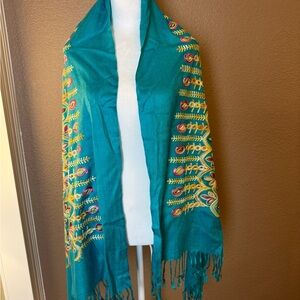 Hand-Embroidered Teal Shawl / Scarf – Artisan Piece from Egypt